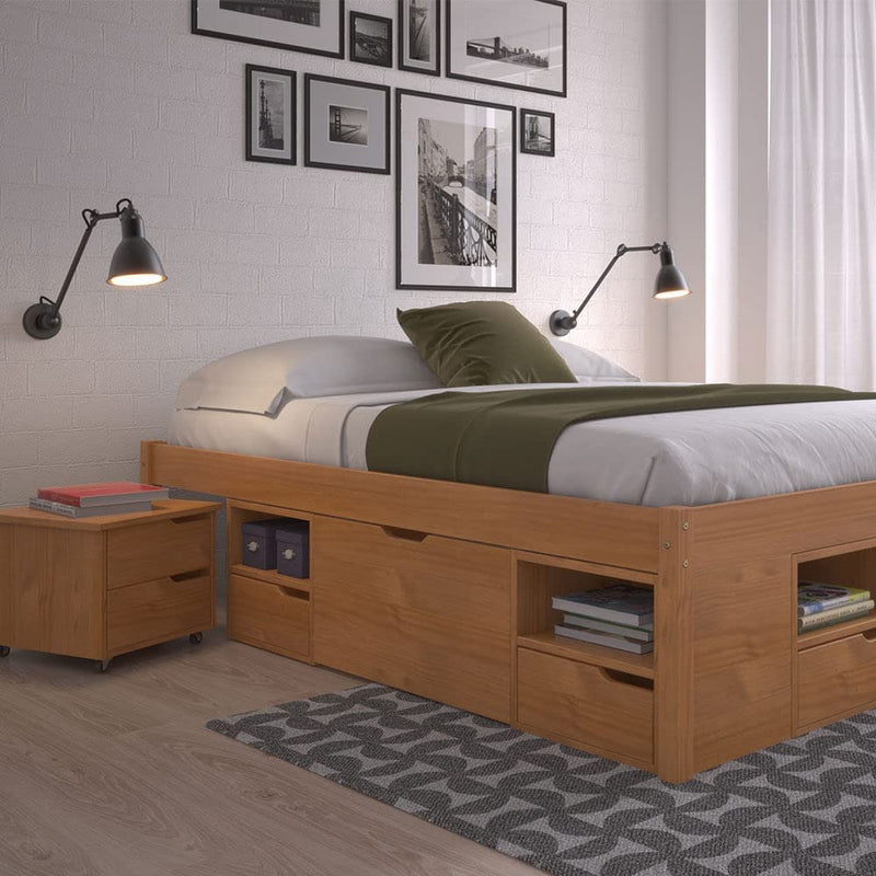 Cama Queen Multifuncional Madeira Maciça 6 Gavetas Charme Inter Link Amendoa - Gaamerr maniia 