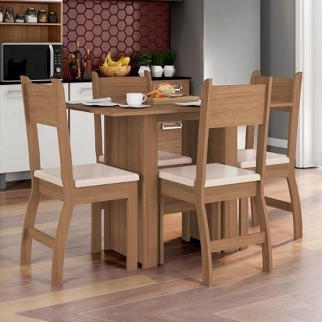 Conjunto Sala de Jantar Mesa com 4 Cadeiras Milano Poliman Carvalho/Savana - Gaamerr maniia 