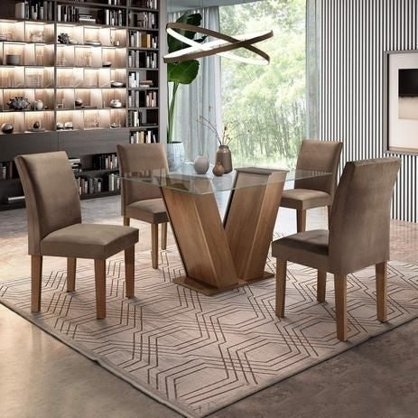 Conjunto Sala de Jantar Mesa Tampo de Vidro e 4 Cadeiras Classic Cel Móveis Chocolate/Animale Marrom 52 - Gaamerr maniia 