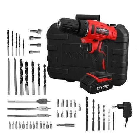 Furadeira Parafusadeira 3/8" à bateria 12 volts com maleta + 50 acessórios - PF-07MA - Mondial - ofertasbacanassss