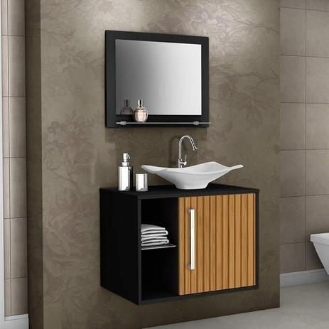 Gabinete para Banheiro Baden com Cuba e Espelheira Preto Fosco Ripado Móv Bechara - ofertasbacanassss